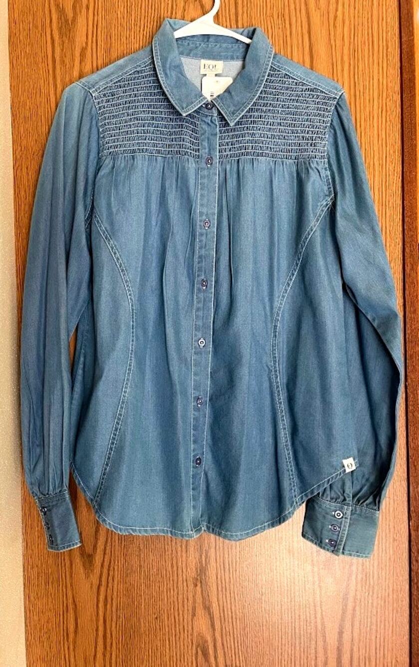 EQL by Kerrits Tencel Smocked Yoke Button Up Shirt Light Wash Denim Blouse NWT